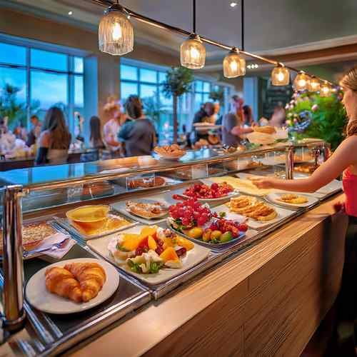 A delicious spread at Golden Corral's breakfast buffet featuring fluffy pancakes, crispy bacon, scrambled eggs, and a selection of fresh fruits.A delicious spread at Golden Corral's breakfast buffet featuring fluffy pancakes, crispy bacon, scrambled eggs, and a selection of fresh fruits.