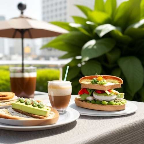 Brunch spread featuring avocado toast, various coffee drinks, and fresh pastries on a sunny terrace