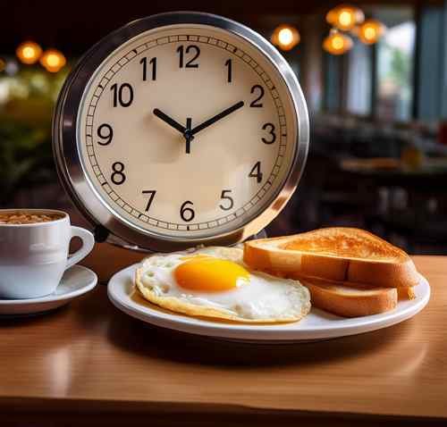 Clock next to a breakfast plate symbolizing Golden Corral's breakfast hours