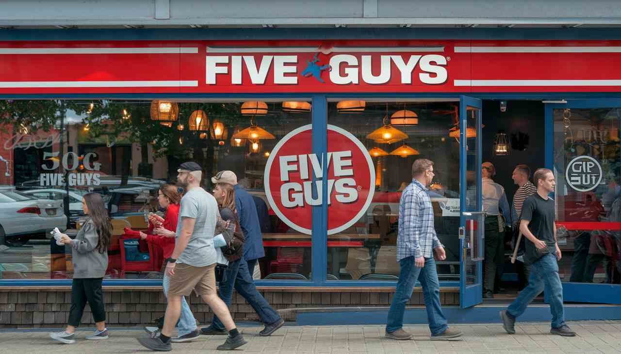 Exterior of a Five Guys restaurant with the recognizable red-and-white logo and casual dining atmosphere