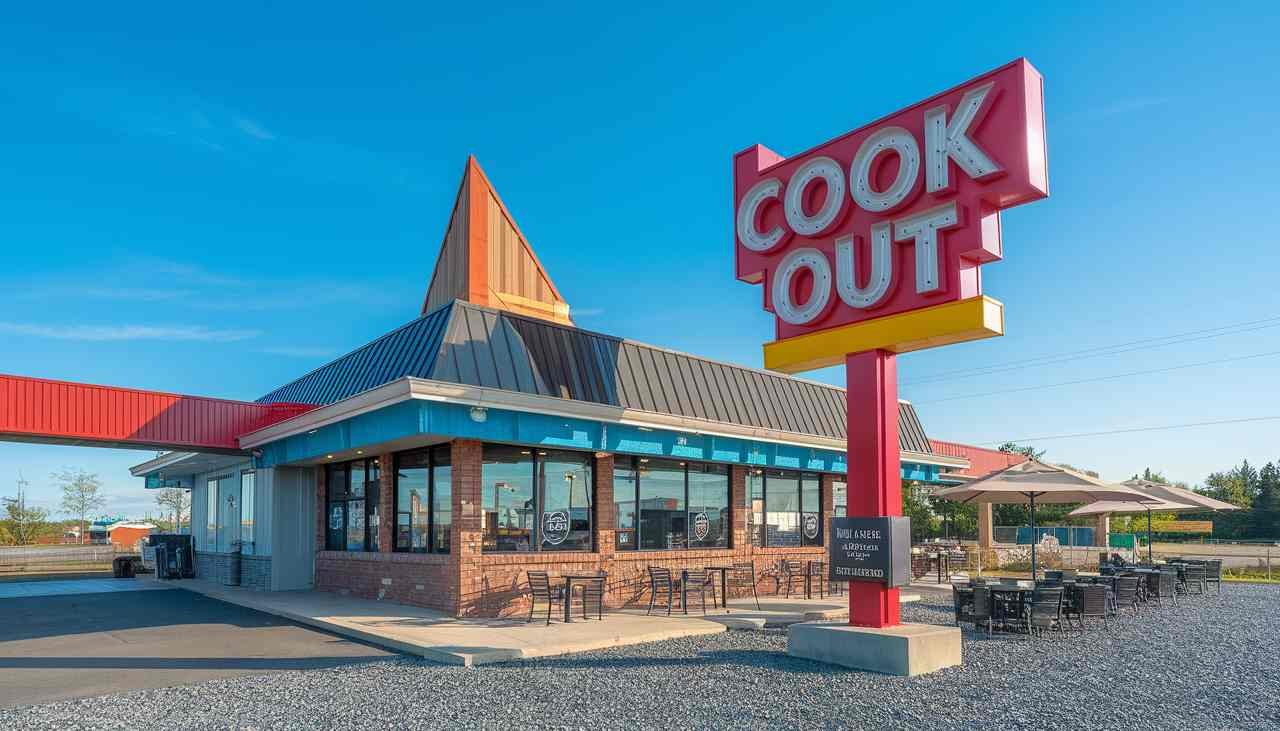 Exterior view of a Cook Out outlet featuring the brand's colorful signage and outdoor seating area1