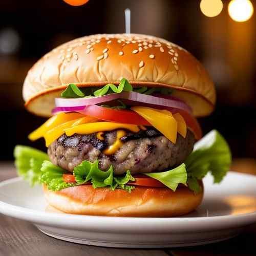 Gourmet burger with fresh toppings served on a rustic wooden table in a cozy restaurant ambiance