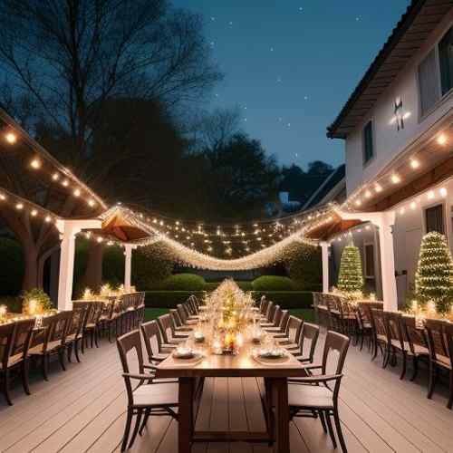 Inviting outdoor dining setup with twinkling lights and a long table featuring an array of delicious dishes