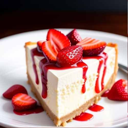 Mouthwatering slice of cheesecake topped with fresh strawberries, presented on a vibrant plate in a chic dessert shop