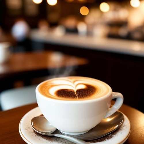 Steaming cup of coffee with latte art, surrounded by coffee beans in a cozy café setting