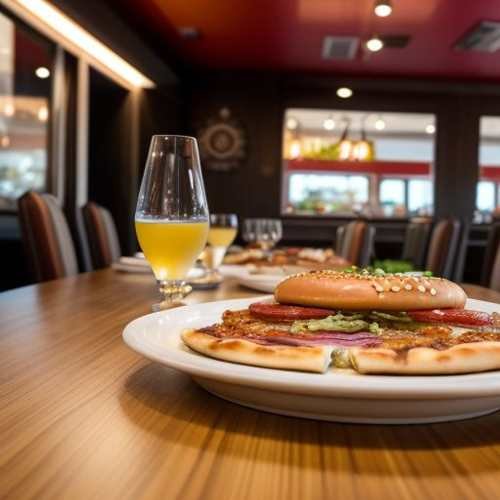 Table set for a meal with burgers, pizzas, salads, and drinks, showcasing a fun family dining experience