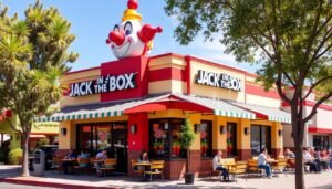 A vibrant Jack in the Box restaurant exterior, featuring a playful and whimsical architecture style, with a large, iconic clown face on top of the building, surrounded by colorful signage and a sunny outdoor seating area filled with patrons enjoying their meals. The scene captures an inviting atmosphere, with trees and greenery around the location, highlighting the fast-food chain's casual dining vibe.